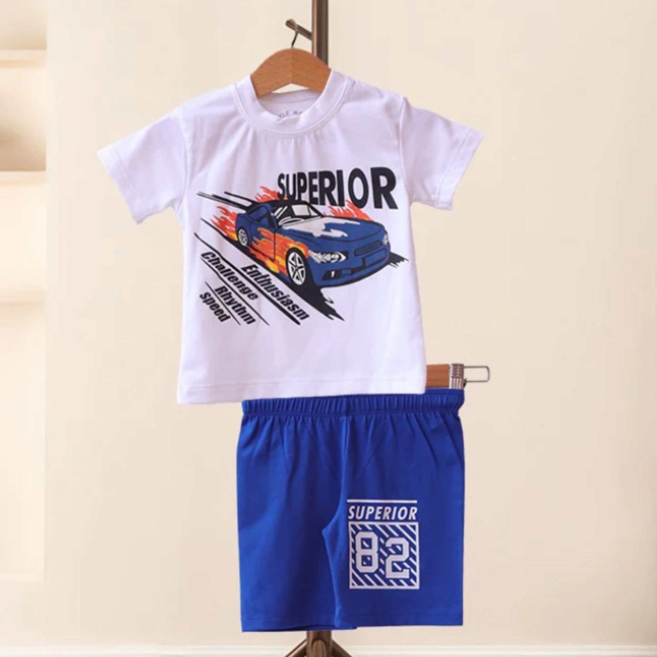 Superior Car White & Blue T-Shirt And Shorts For Kids