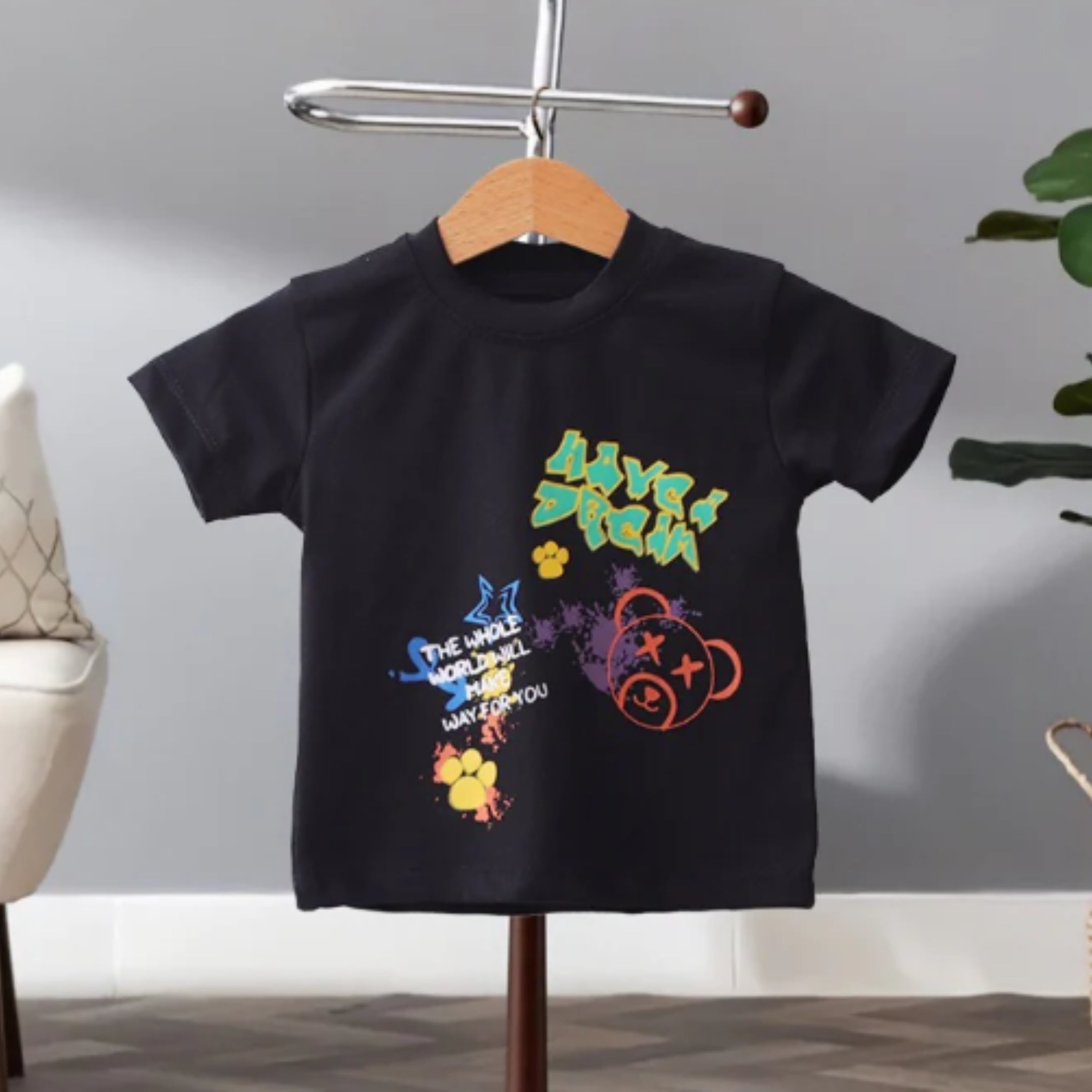 Printed Black T-Shirt And Shorts For Kids