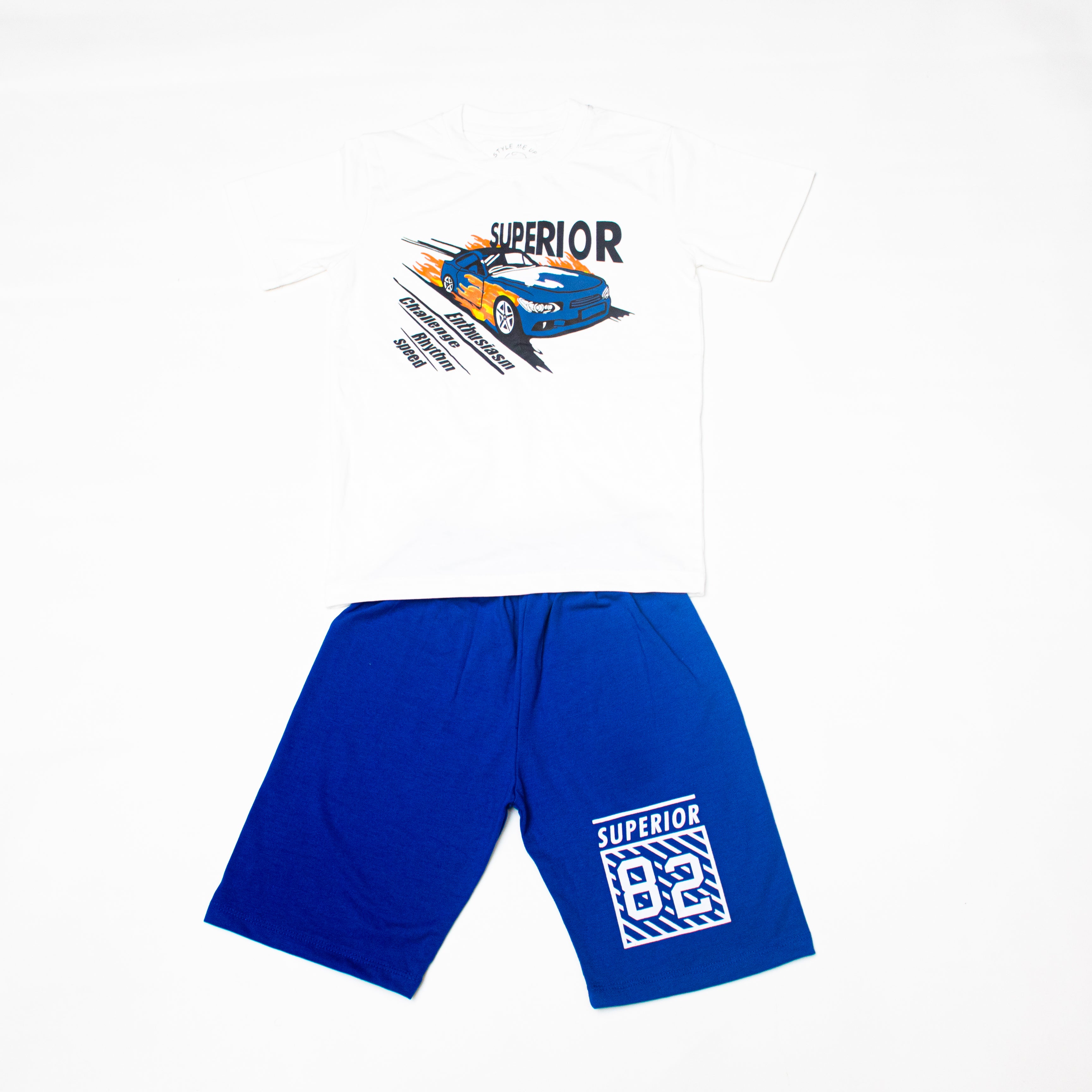 Superior Car White & Blue T-Shirt And Shorts For Kids