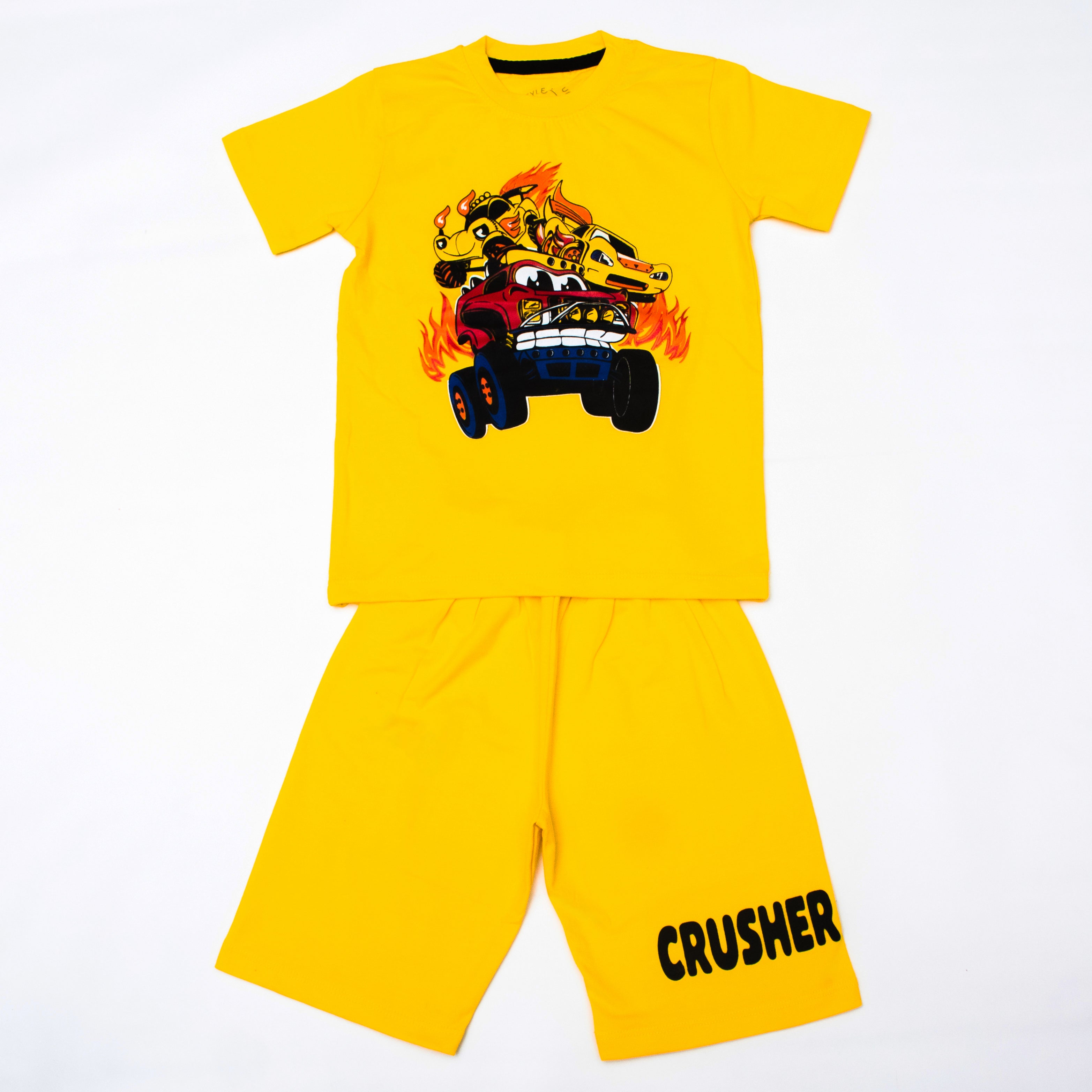 Cars Printed Yellow T-Shirt And Shorts For Kids