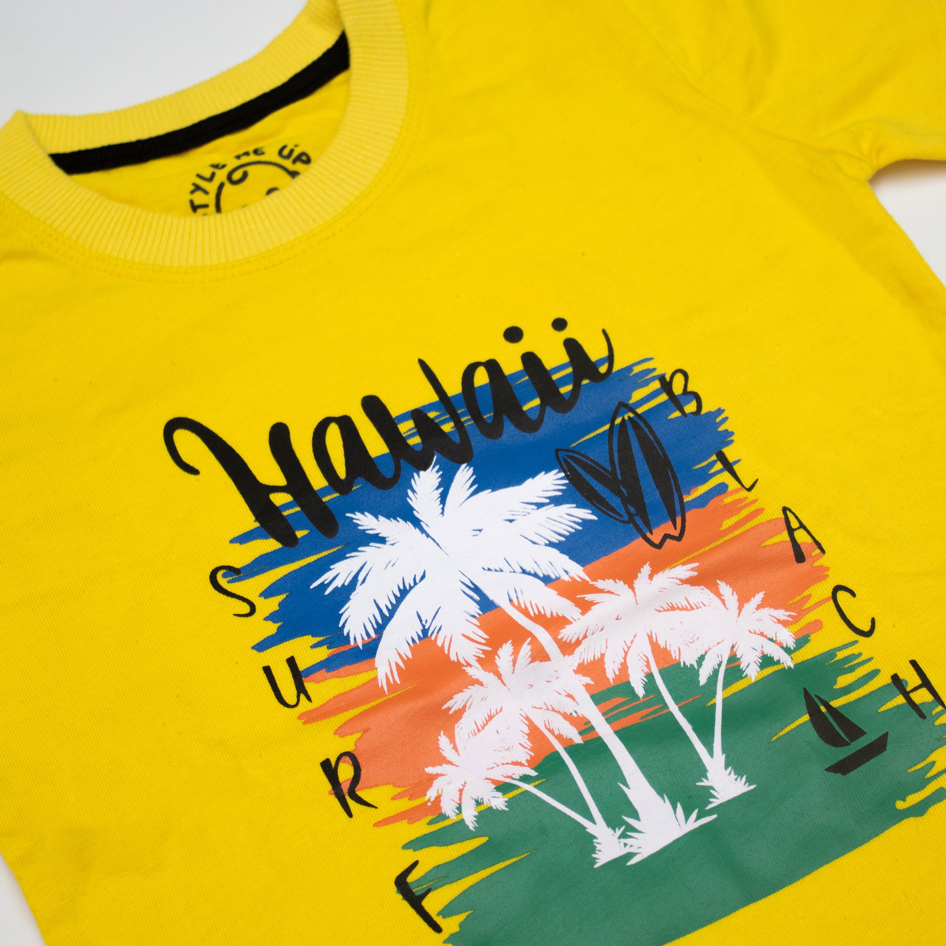 Hawaii Printed Yellow T-Shirt And Shorts For Kids