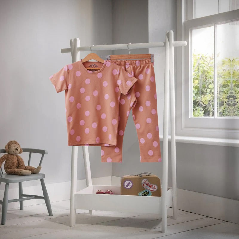 Brown Pink Polka Dots T-Shirt And Shorts For Kids